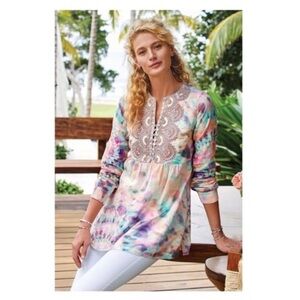 Soft Surroundings Tie Dye Beaded Tunic Top Blouse Bazille Watercolor Rainbow